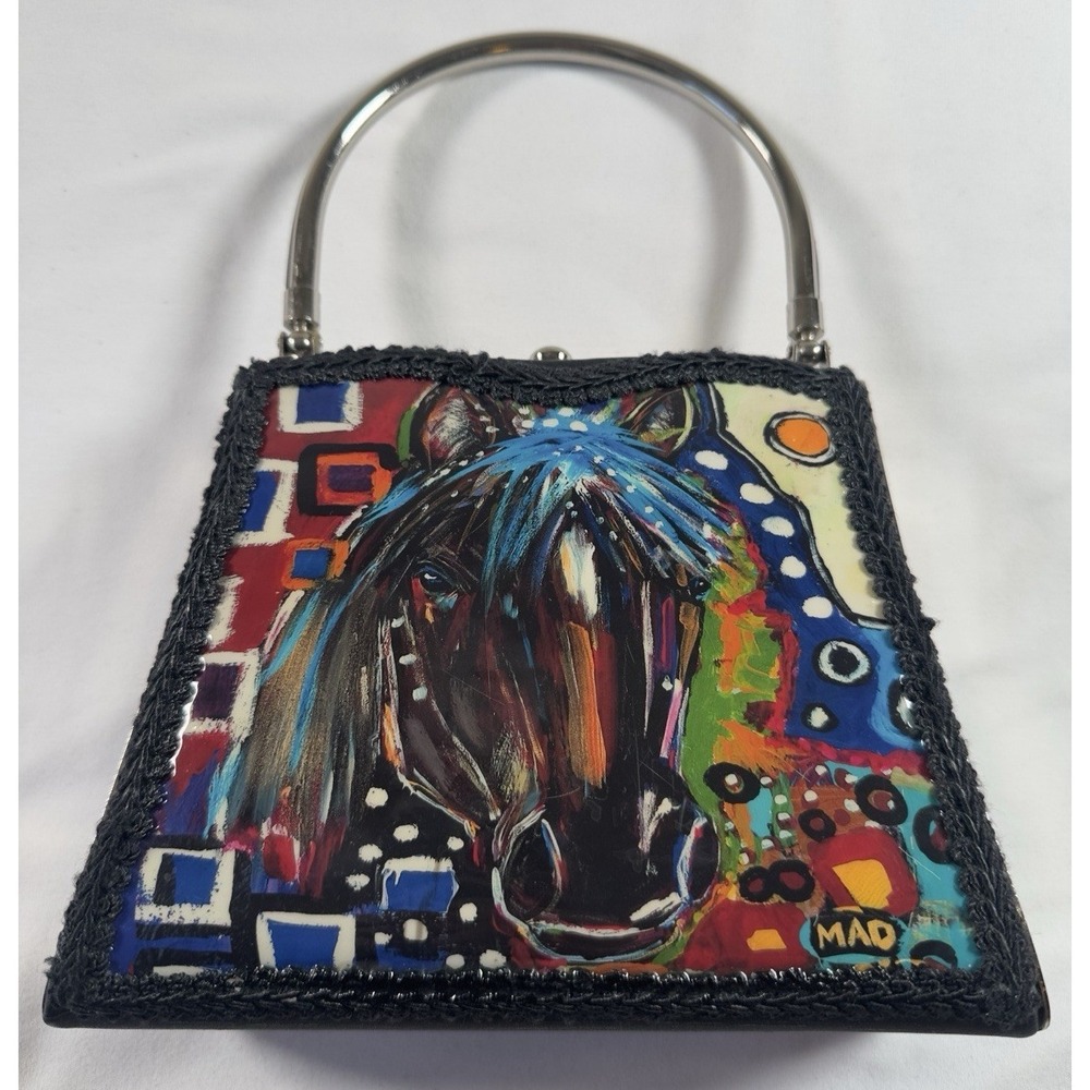 Mad Horse Art Handbag Mark Durham Horse Print Kiss Lock Metal Handle Equestrian